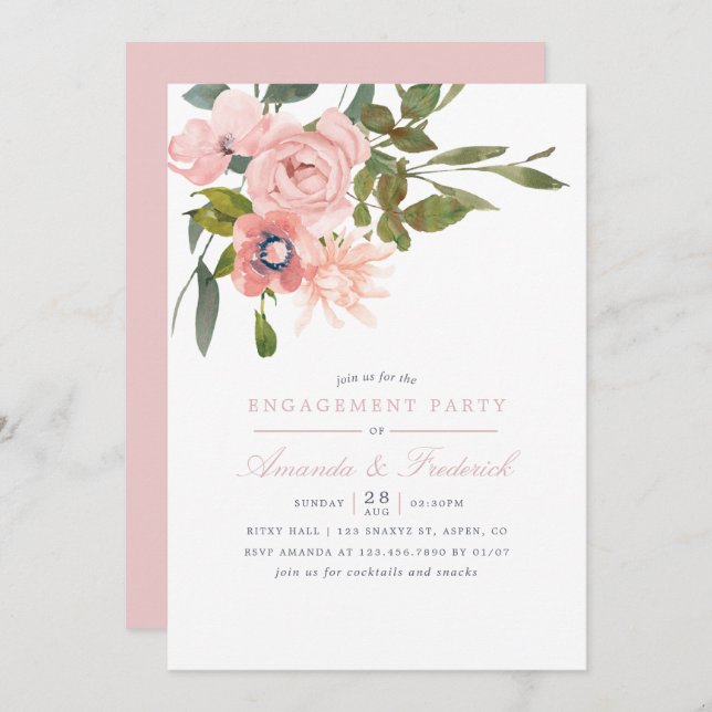Watercolor floral Blush Pink Engagement Party Invitation (Front/Back)