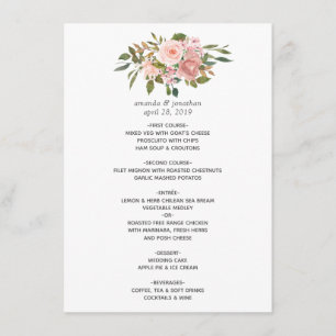 Watercolor floral Blush Pink Wedding Menu
