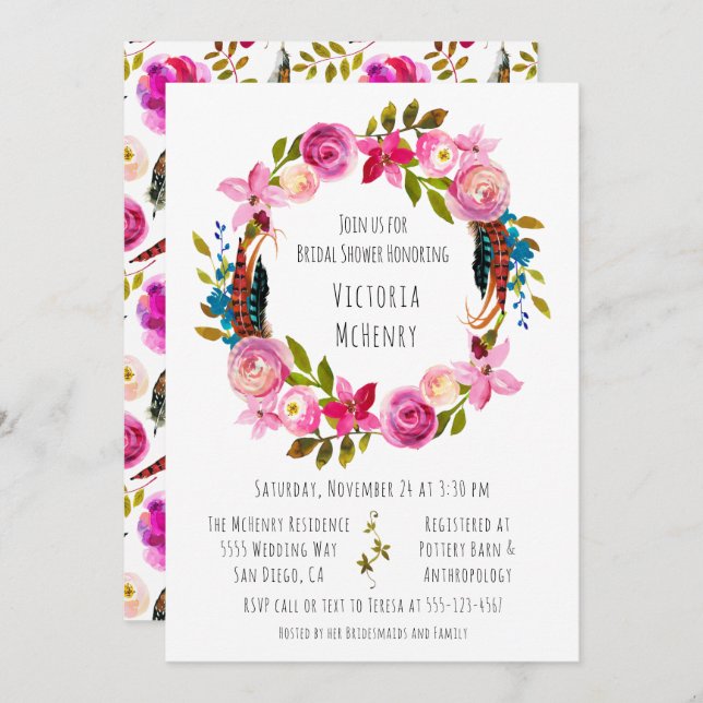 Watercolor Floral Boho Chic Wreath Bridal Shower Invitation (Front/Back)