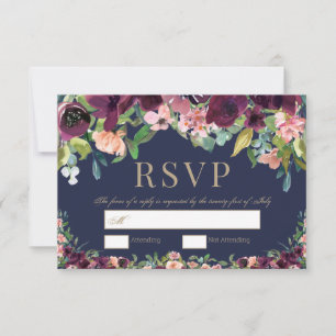 Watercolor Floral Boho Navy Wedding RSVP Card