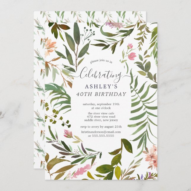 Watercolor Floral Botanical Birthday Invitation (Front/Back)