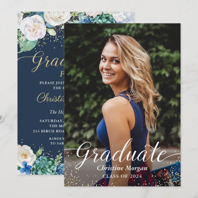 Watercolor Floral Botanical Graduation Party Photo Invitation (Front/Back)