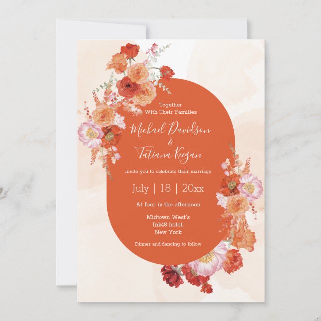 watercolor floral botanical orange brown  wedding  invitation (Front)
