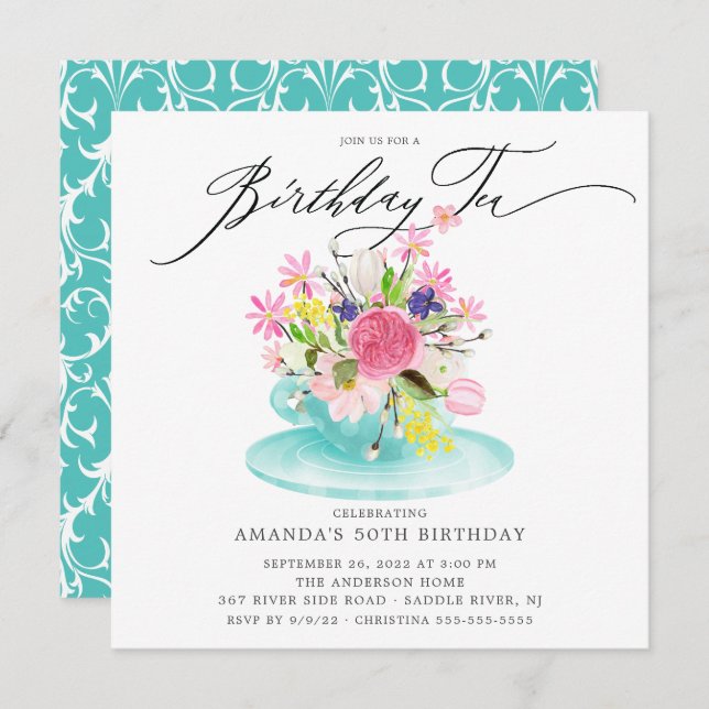 Watercolor Floral Bouquet Birthday Tea Invitation (Front/Back)