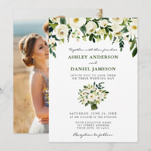 Watercolor Floral Bouquet Elegant Photo Wedding Invitation