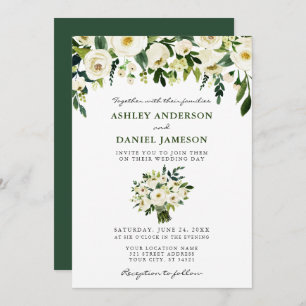 Watercolor Floral Bouquet Elegant Wedding Green Invitation