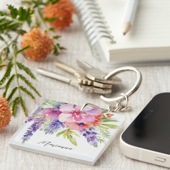 Watercolor Floral Bouquet Key Ring (Front Right)