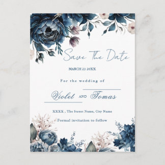 Watercolor floral bouquet navy blue Save The Date Postcard