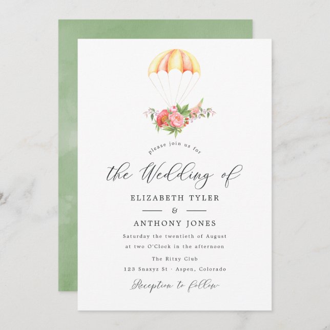 Watercolor Floral Bouquet Parachute Wedding Invitation (Front/Back)