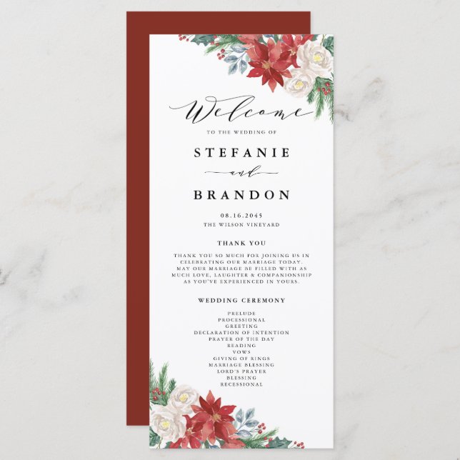 Watercolor Floral Bouquet Winter Wedding Ceremony Program (Front/Back)