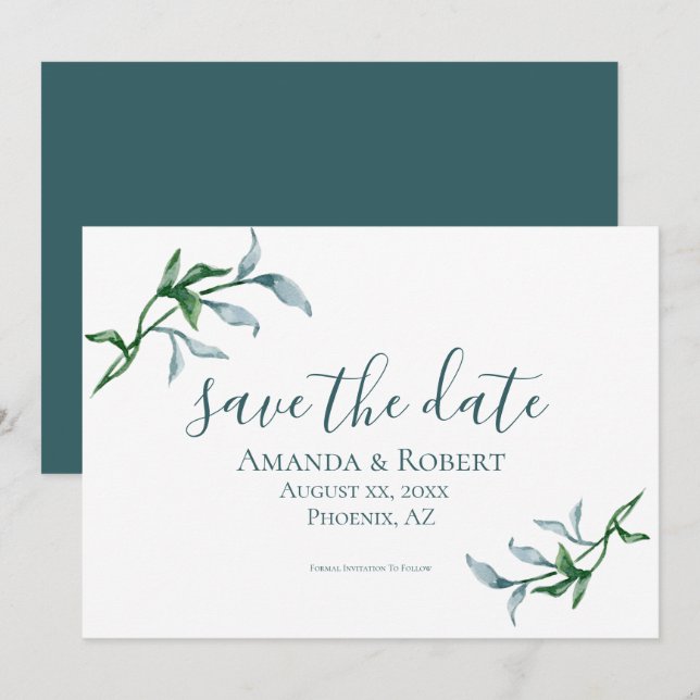 Watercolor Floral Branches, Blue, Green, Wedding Save The Date (Front/Back)