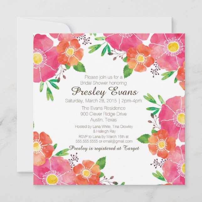 Watercolor Floral Bridal or Baby Shower Invitation (Front)