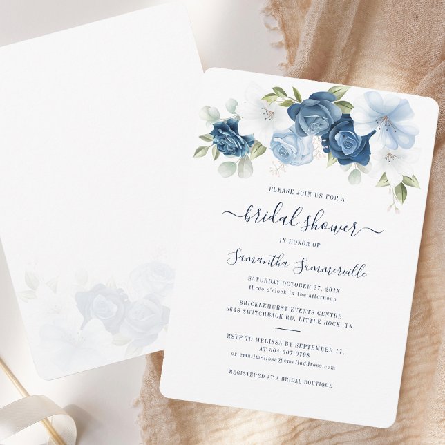 Watercolor Floral Bridal Shower Invitation (Dusty Blue Floral Elegant RC Bridal Shower Invitation)