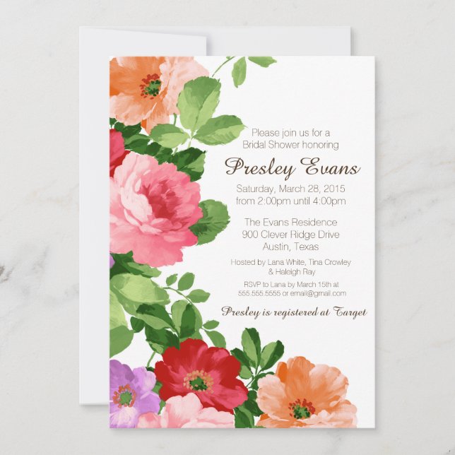 Watercolor Floral Bridal Shower Invitation, Roses Invitation (Front)