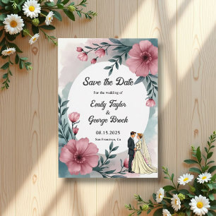 Watercolor Floral Bride And Groom Elegant Wedding Save The Date