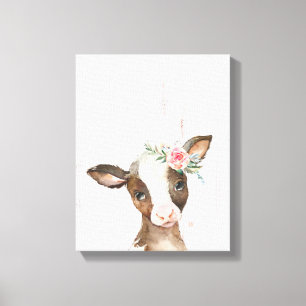 Watercolor Floral Brown Cow, Baby Animals Art Canvas Print