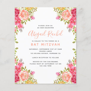 Watercolor Floral Budget Bat Mitzvah Invitation