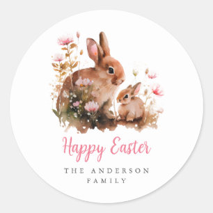 Watercolor Floral Bunny Easter Classic Round Sticker