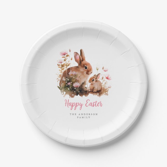 Watercolor Floral Bunny Easter Paper Plate (Front)