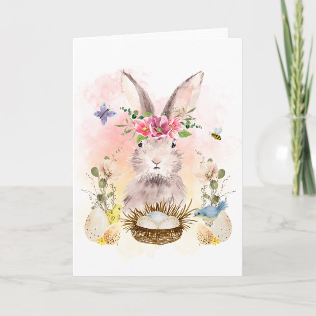 Watercolor Floral Bunny Rabbit Greeting Card (Front)