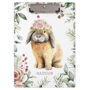 Watercolor Floral Bunny Rabbit Personalised Name Clipboard