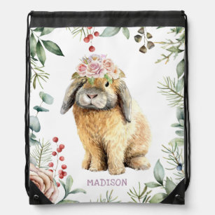 Watercolor Floral Bunny Rabbit Personalised Name Drawstring Bag
