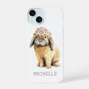 Watercolor Floral Bunny Rabbit Personalised Name iPhone 15 Case