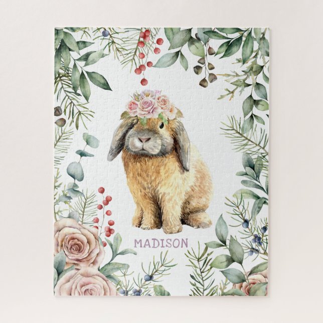 Watercolor Floral Bunny Rabbit Personalised Name Jigsaw Puzzle (Vertical)