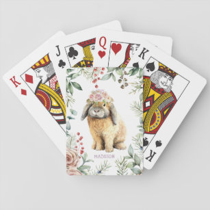 Watercolor Floral Bunny Rabbit Personalised Name Playing Cards