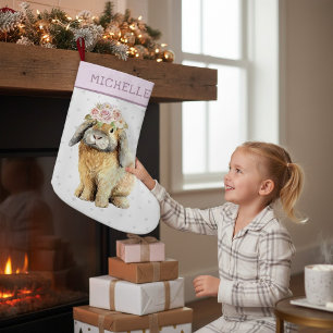 Watercolor Floral Bunny Rabbit Personalised Name Small Christmas Stocking