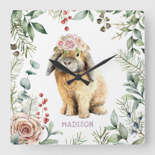 Watercolor Floral Bunny Rabbit Personalised Name Square Wall Clock