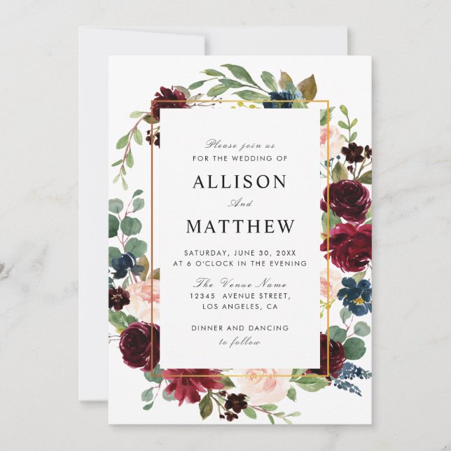Watercolor floral burgundy and blush wedding invitation (Front)