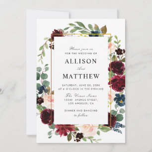 Watercolor floral burgundy and blush wedding invitation