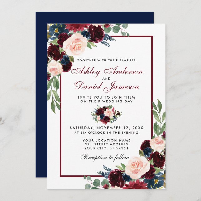 Watercolor Floral Burgundy Blue Elegant Wedding Invitation (Front/Back)