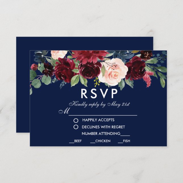 Watercolor Floral Burgundy Blue Wedding Meal RSVP (Front/Back)