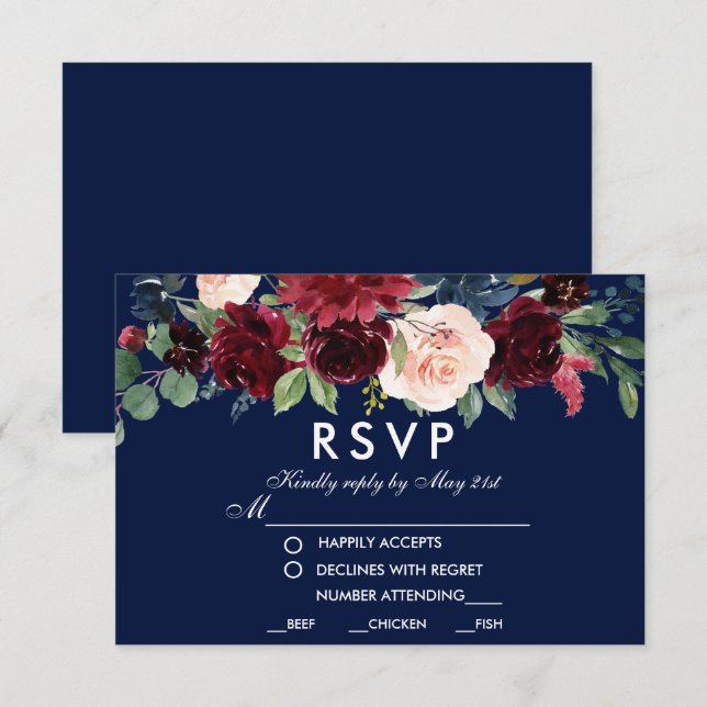 Watercolor Floral Burgundy Blue Wedding Meal RSVP Card (Front/Back)