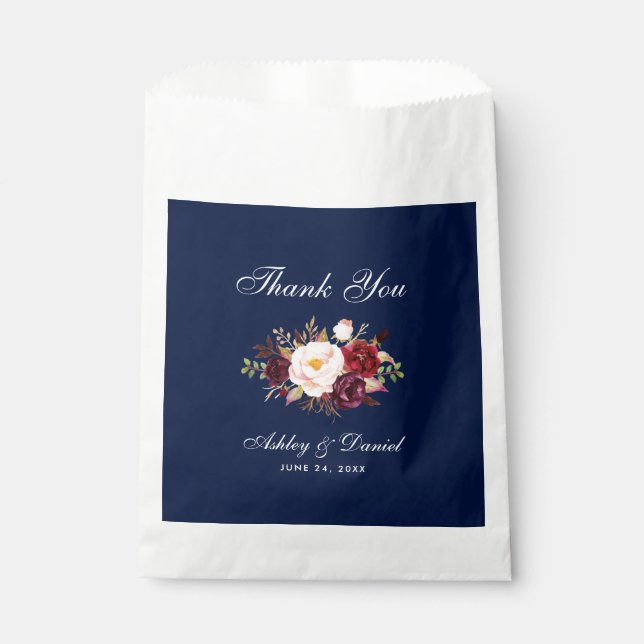 Watercolor Floral Burgundy Blue Wedding Thanks Favour Bag (Front)
