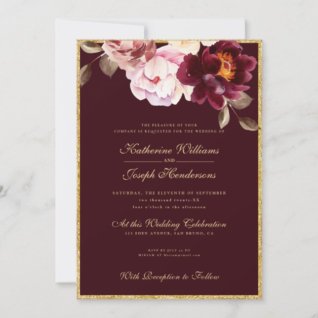 Watercolor Floral Burgundy Bouquet Romance Wedding Invitation (Front)