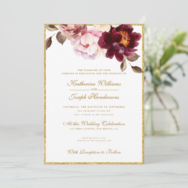 Watercolor Floral Burgundy Bouquet Romance Wedding Invitation (Standing Front)