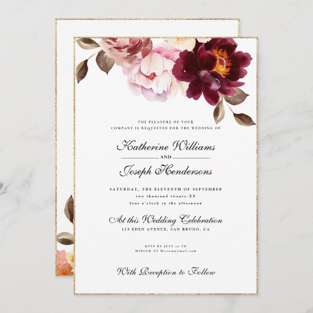 Watercolor Floral Burgundy Bouquet Romance Wedding Invitation (Front/Back)