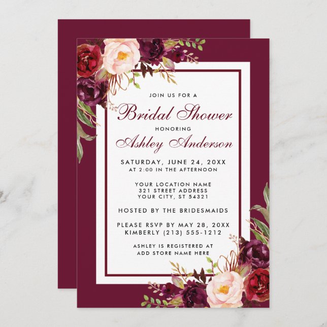 Watercolor Floral Burgundy Bridal Shower Invitation (Front/Back)