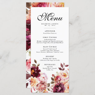 Watercolor Floral Burgundy Details Menu Wedding