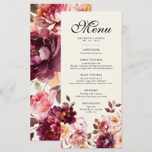 Watercolor Floral Burgundy Details Menu Wedding
