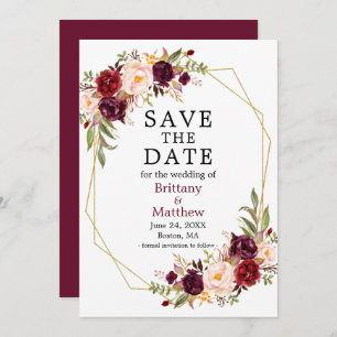 Watercolor Floral Burgundy Geo Frame Save The Date