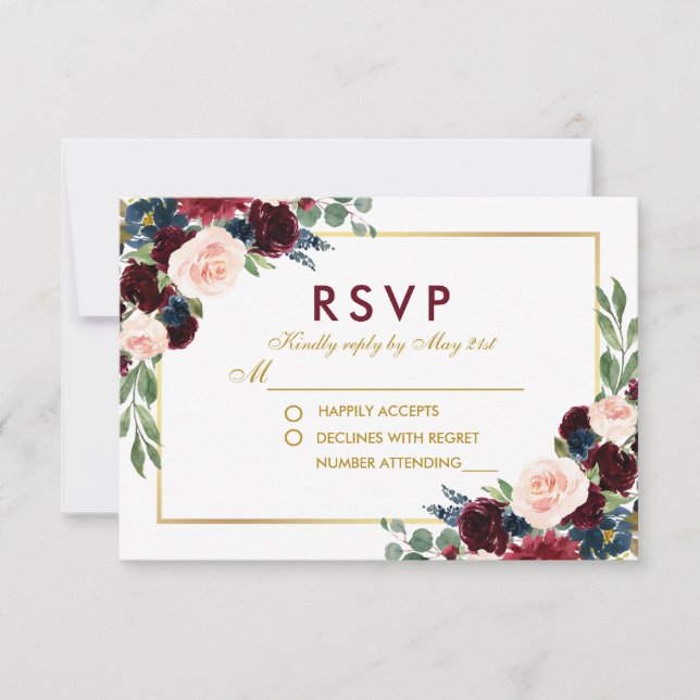 Watercolor Floral Burgundy Gold Blue Wedding RSVP Card (Front)