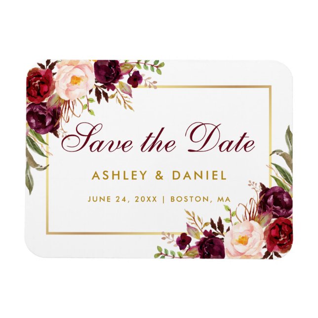 Watercolor Floral Burgundy Gold Save The Date Magnet (Horizontal)
