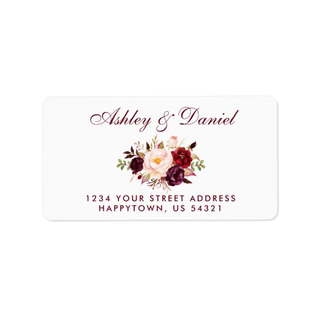 Watercolor Floral Burgundy Gold Wedding Address BW Label (Front)