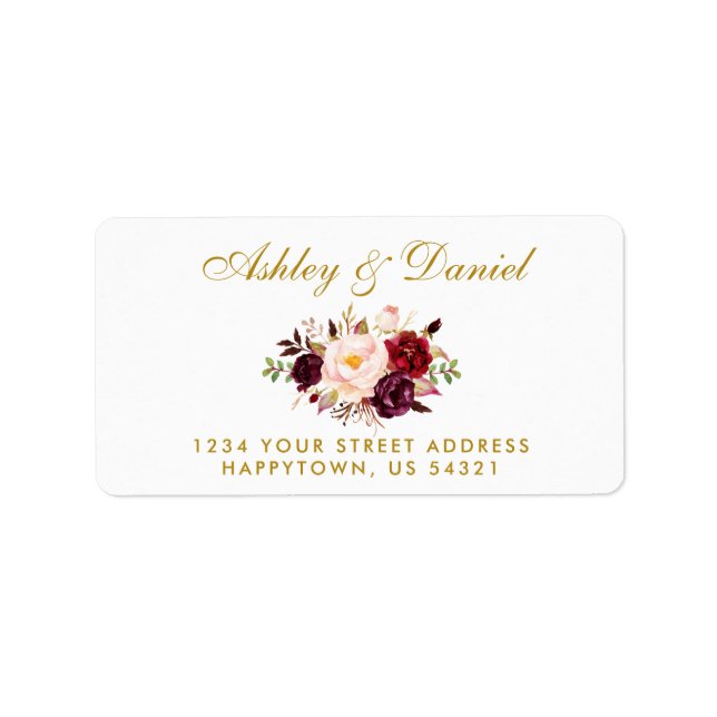 Watercolor Floral Burgundy Gold Wedding Address Label (Front)