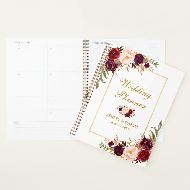 Watercolor Floral Burgundy Gold Wedding Planner (Display)