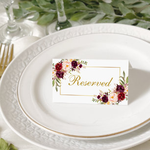 Watercolor Floral Burgundy Gold Wedding Reserved Place Card